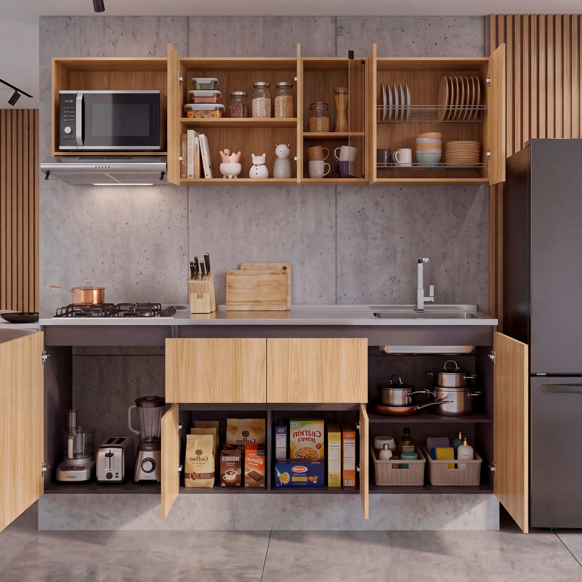 Cocina Amantia Fresno Europeo 212x208cm para Mesón Lado Derecho sin Mesón y sin Estufa con Ocho Puertas y con Espacio para Extractor