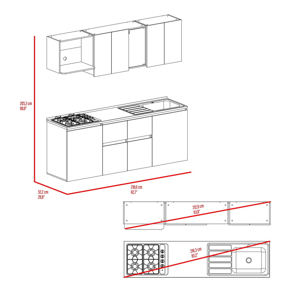 Cocina Amantia Fresno Europeo 212x208cm para Mesón Lado Derecho sin Mesón y sin Estufa con Ocho Puertas y con Espacio para Extractor