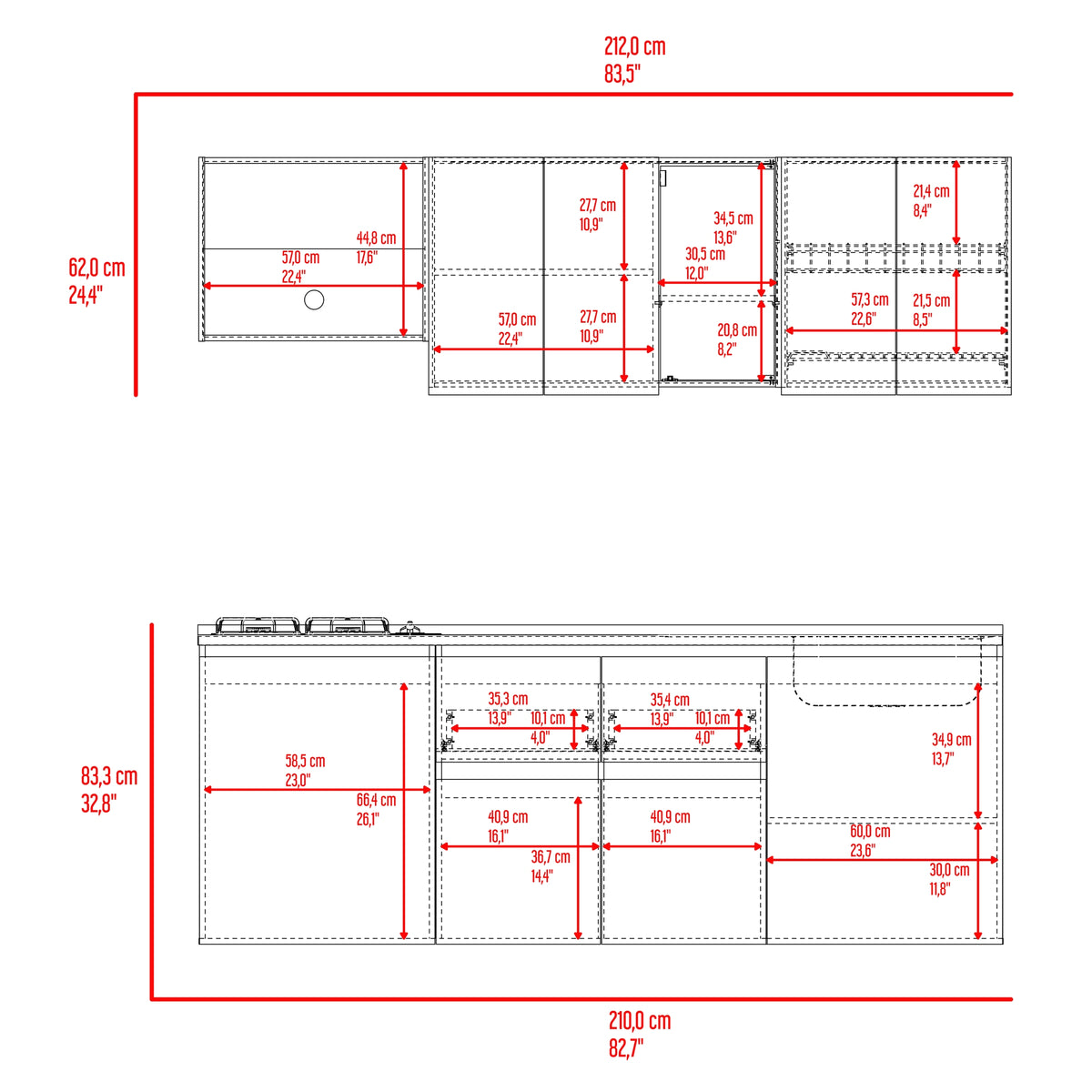 Cocina Amantia Fresno Europeo 212x208cm para Mesón Lado Derecho sin Mesón y sin Estufa con Ocho Puertas y con Espacio para Extractor