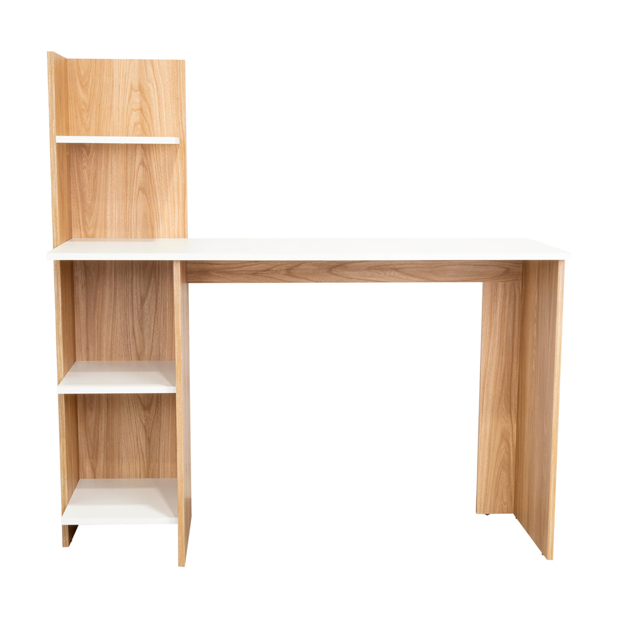 Escritorio moderno vilna fresno europeo y blanco con repisas 120x120 cm