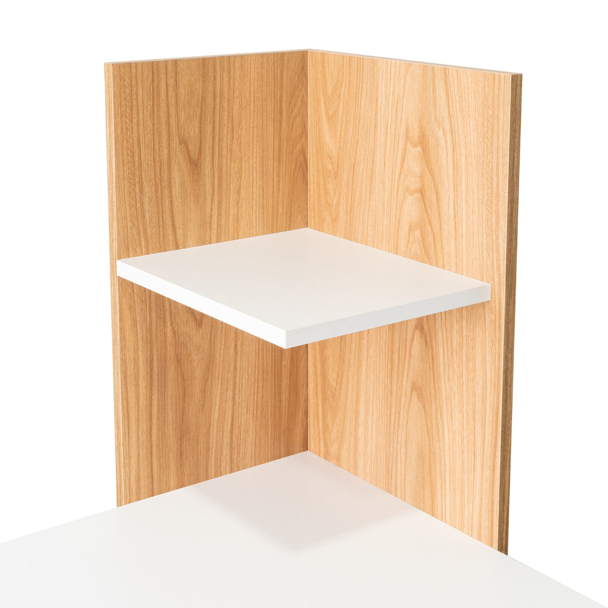 Escritorio moderno vilna fresno europeo y blanco con repisas 120x120 cm