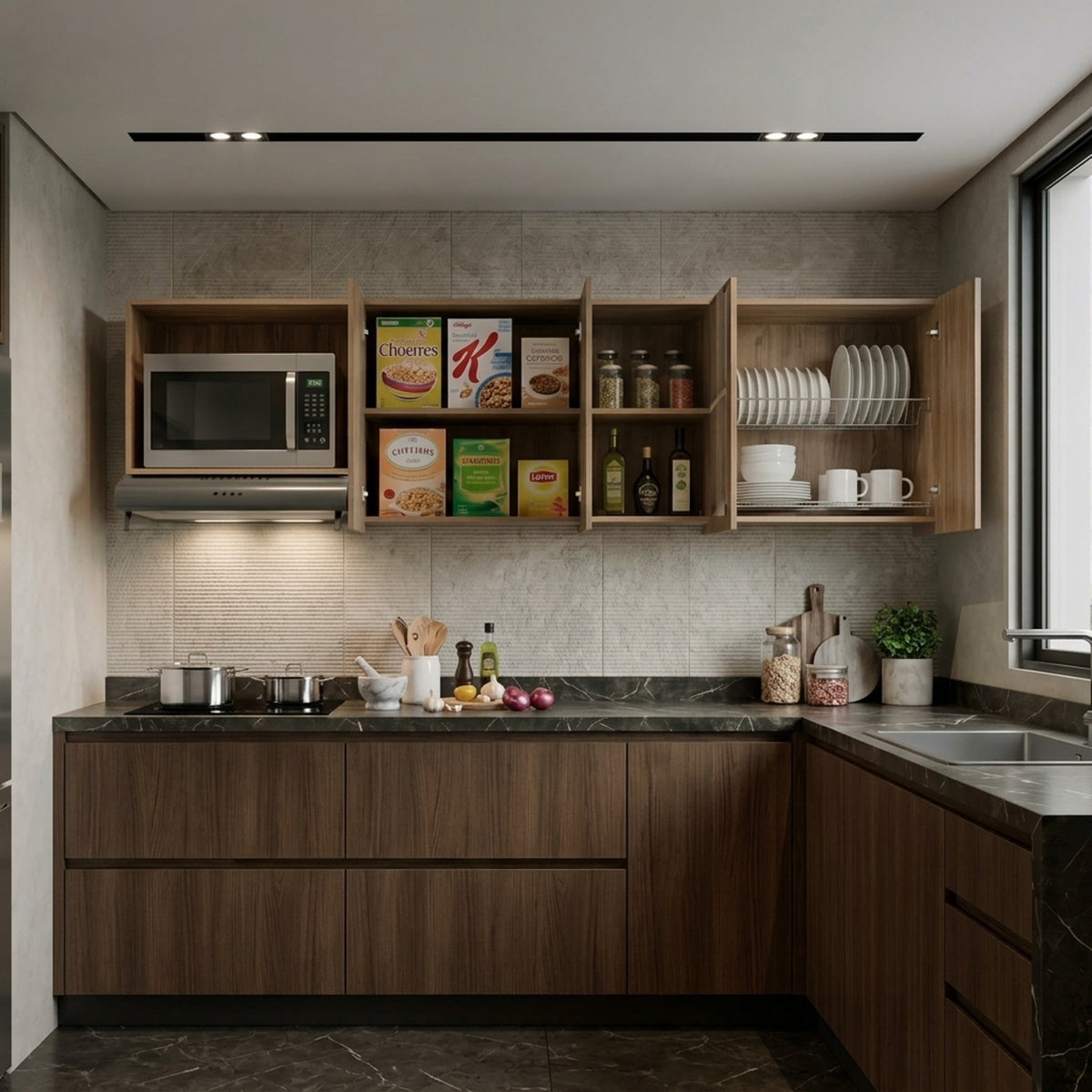 Mueble Superior de Cocina Lirio Fresno Europeo 212x62cm con Espacio para Extractor Lado Izquierdo y con Cuatro Puertas