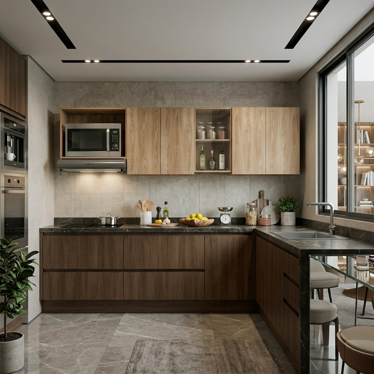 Mueble Superior de Cocina Lirio Fresno Europeo 212x62cm con Espacio para Extractor Lado Izquierdo y con Cuatro Puertas