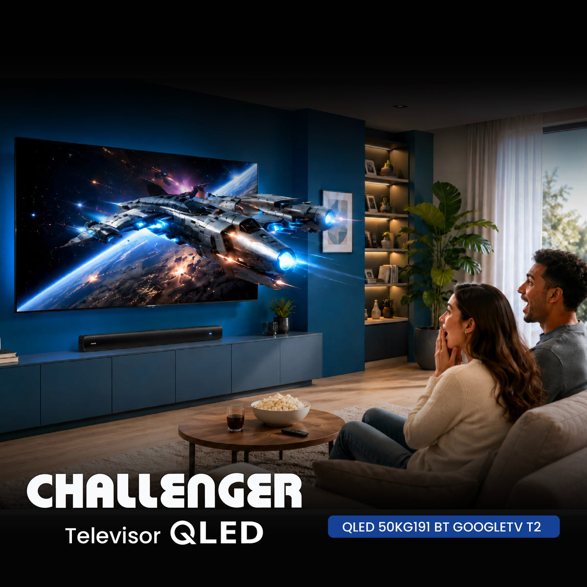 Televisor Challenger negro QLED 4K Google TV 50 pulgadas 130 W