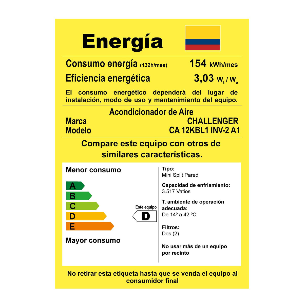 Aire acondicionado Challenger inverter blanco 115 V 12000 BTU 1160 W con temporizador