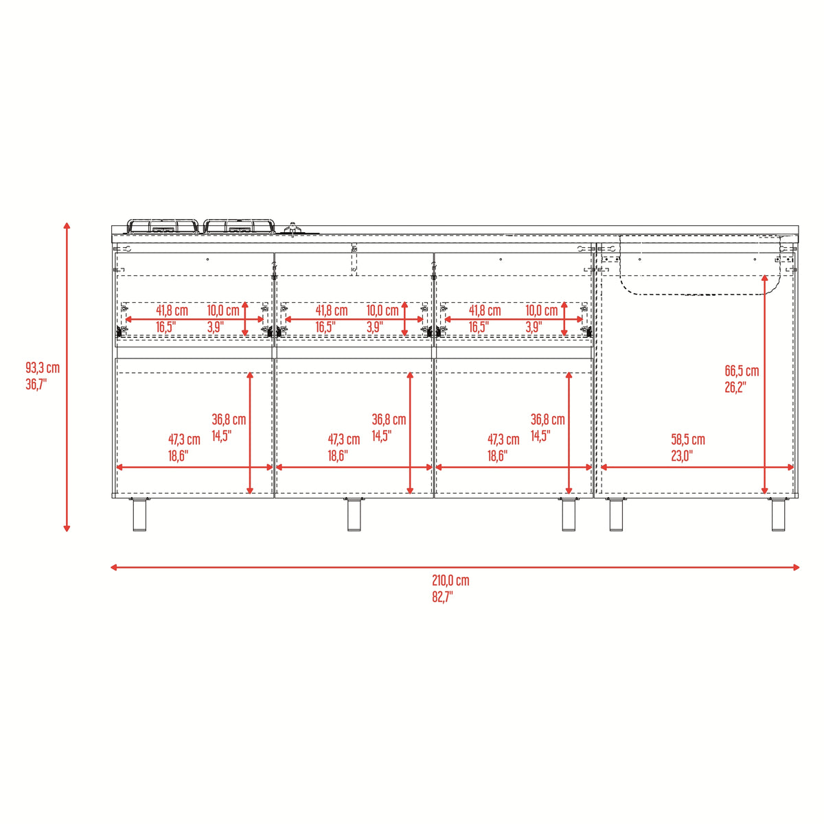 Mueble Inferior de Cocina Lirio Fresno Europeo y Plomo 210x90.7cm con Mesón de Acero Inoxidable Lado Derecho y con Estufa