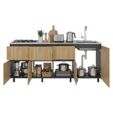 Mueble Inferior de Cocina Lirio Fresno Europeo y Plomo 210x90.7cm con Mesón de Acero Inoxidable Lado Derecho y con Estufa