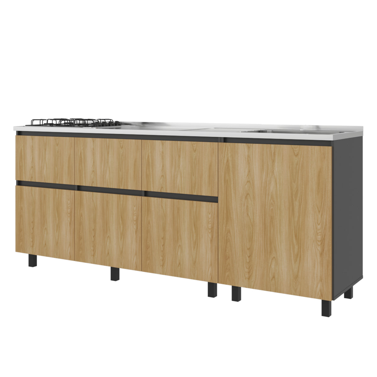 Mueble Inferior de Cocina Lirio Fresno Europeo y Plomo 210x90.7cm con Mesón de Acero Inoxidable Lado Derecho y con Estufa