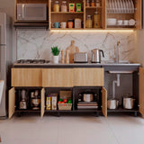 Mueble Inferior de Cocina Lirio Fresno Europeo y Plomo 210x90.7cm con Mesón de Acero Inoxidable Lado Derecho y con Estufa