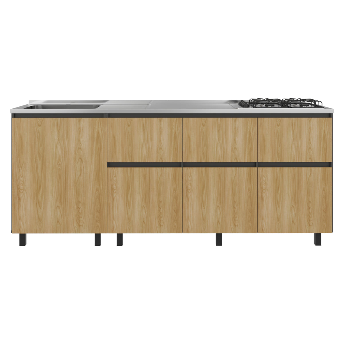 Mueble Inferior de Cocina Lirio Fresno Europeo 210x90.7cm con Mesón de Acero Inoxidable Lado Izquierdo y con Estufa