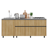 Mueble Inferior de Cocina Lirio Fresno Europeo 210x90.7cm con Mesón de Acero Inoxidable Lado Izquierdo y con Estufa