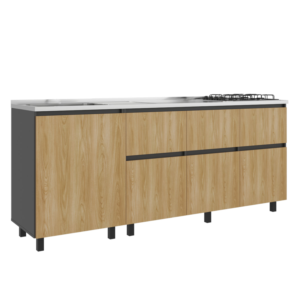 Mueble Inferior de Cocina Lirio Fresno Europeo 210x90.7cm con Mesón de Acero Inoxidable Lado Izquierdo y con Estufa