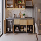 Mueble Inferior de Cocina Lirio Fresno Europeo 210x90.7cm con Mesón de Acero Inoxidable Lado Izquierdo y con Estufa