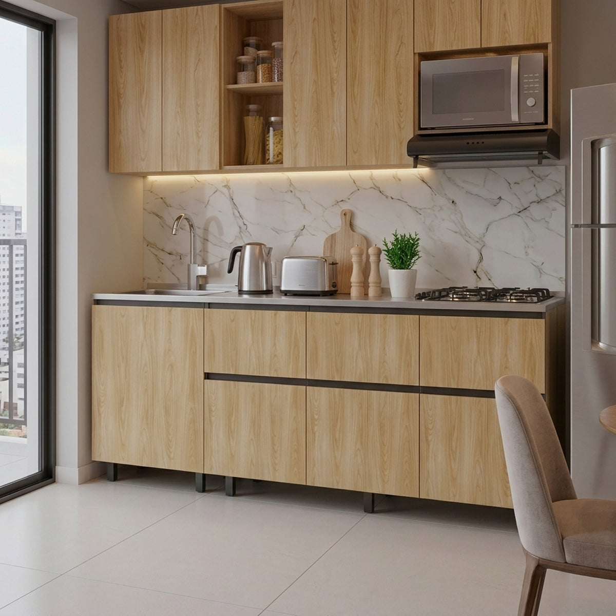 Mueble Inferior de Cocina Lirio Fresno Europeo 210x90.7cm con Mesón de Acero Inoxidable Lado Izquierdo y con Estufa