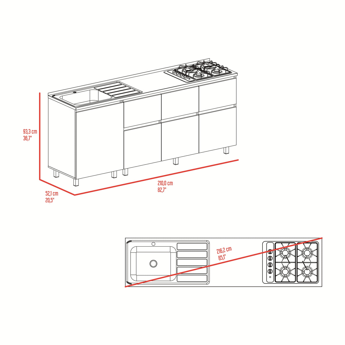 Mueble Inferior de Cocina Lirio Fresno Europeo 210x90.7cm con Mesón de Acero Inoxidable Lado Izquierdo y con Estufa
