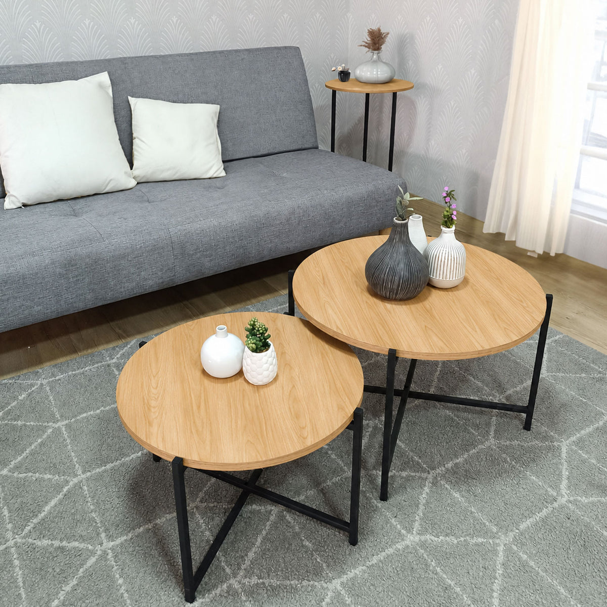 Set X 2 Mesas de Centro Silver Madera Clara y Negro 58x35.5cm Circulares