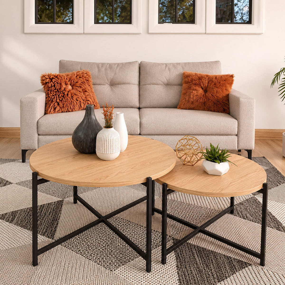 Set X 2 Mesas de Centro Silver Madera Clara y Negro 58x35.5cm Circulares