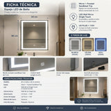 Espejo de baño LED plateado rectangular 80x60 cm con luz táctil multicolor