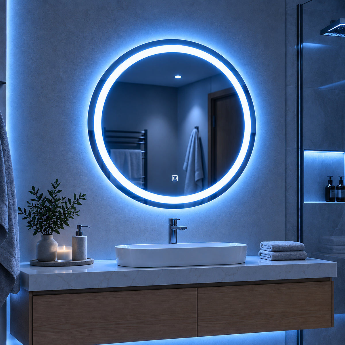 Espejo de baño redondo blanco LED 60x60 cm con control touch