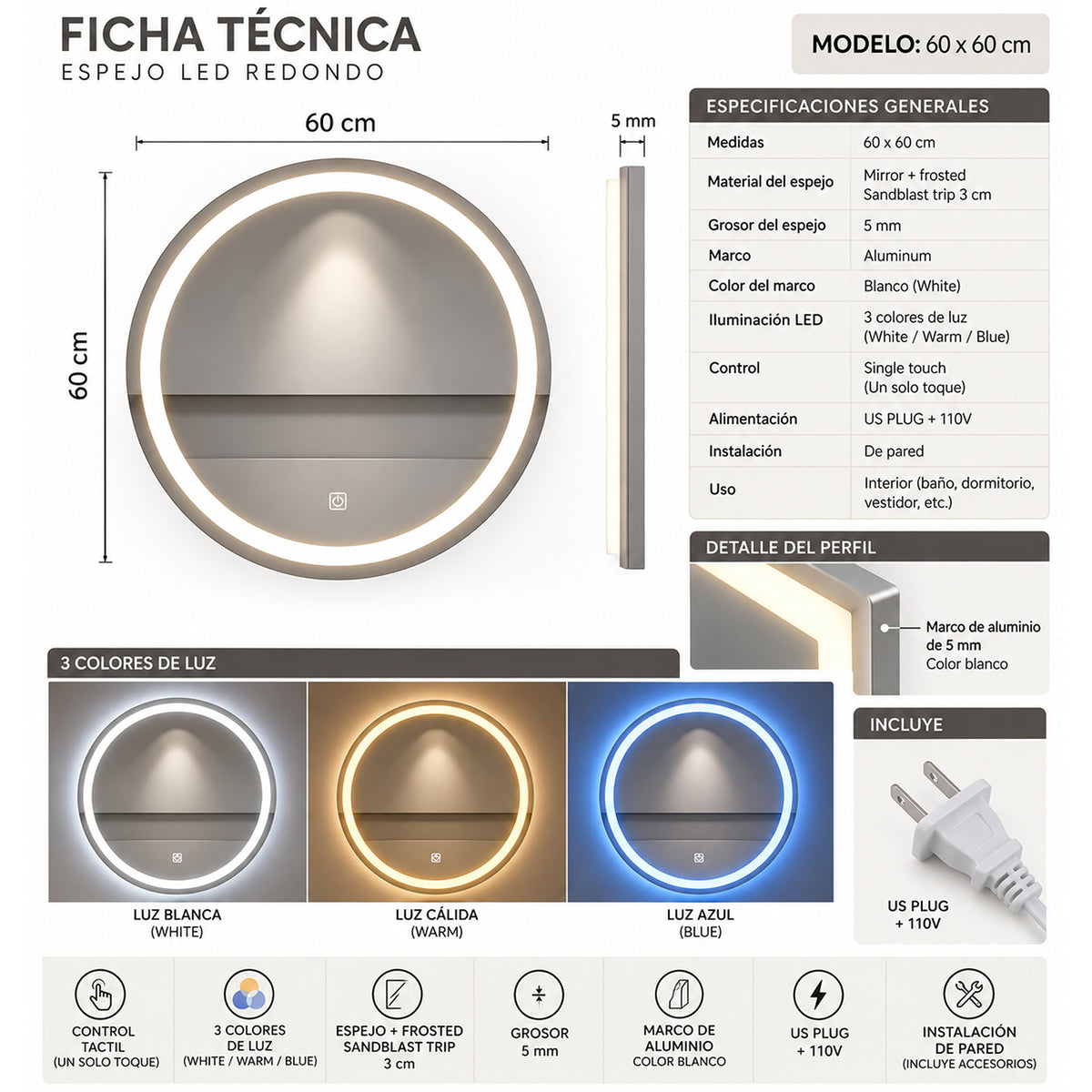Espejo de baño redondo blanco LED 60x60 cm con control touch