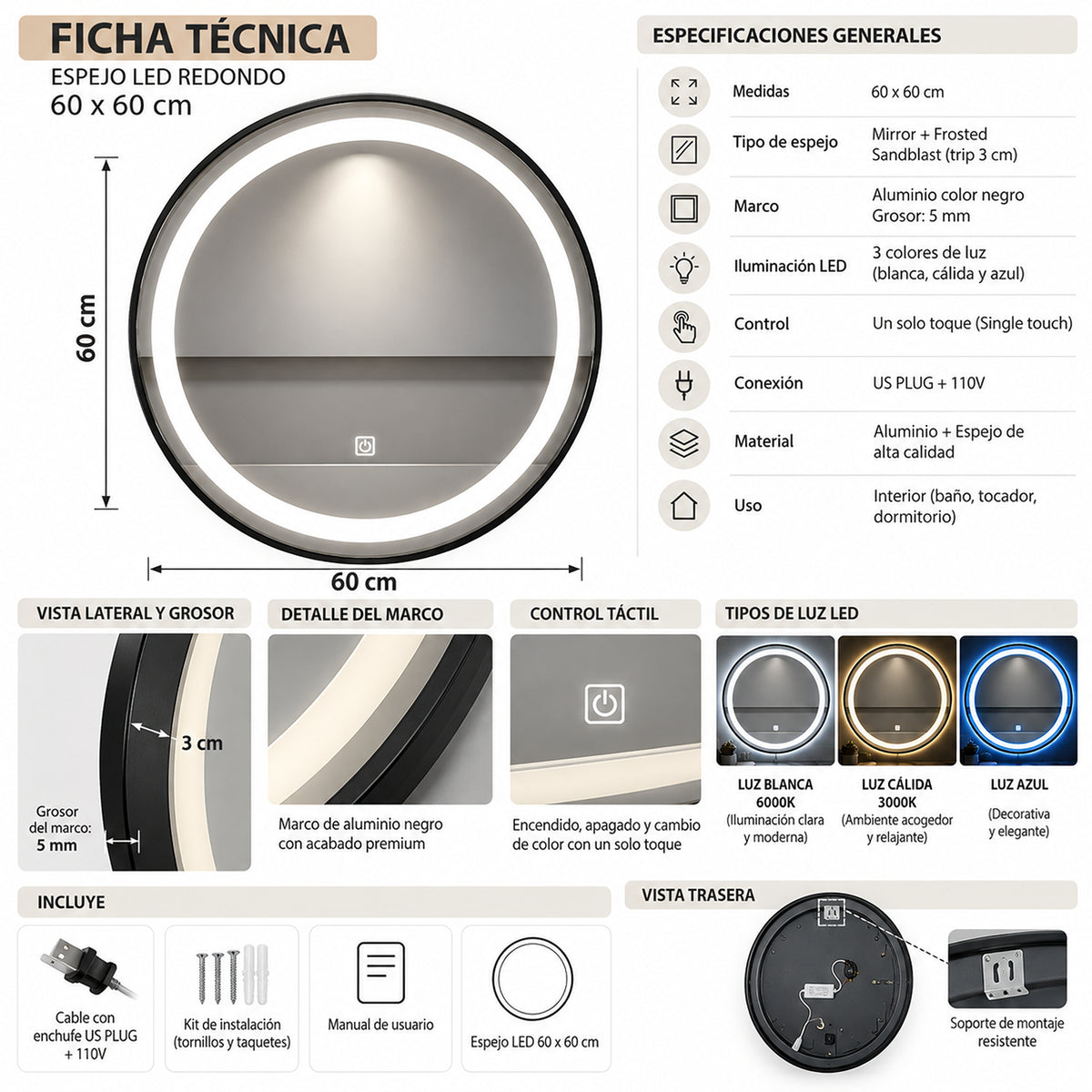Espejo de baño redondo negro LED 60x60 cm con luz multitemperatura touch