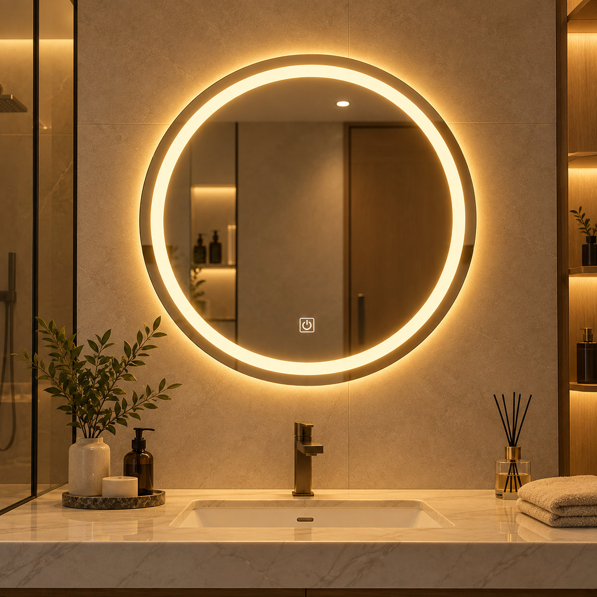 Espejo de baño redondo plateado LED 80x80 cm con luz táctil multicolor