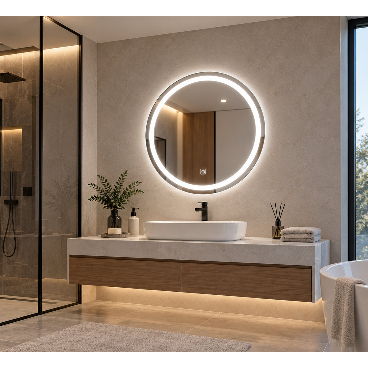 Espejo de baño redondo plateado LED 80x80 cm con luz táctil multicolor