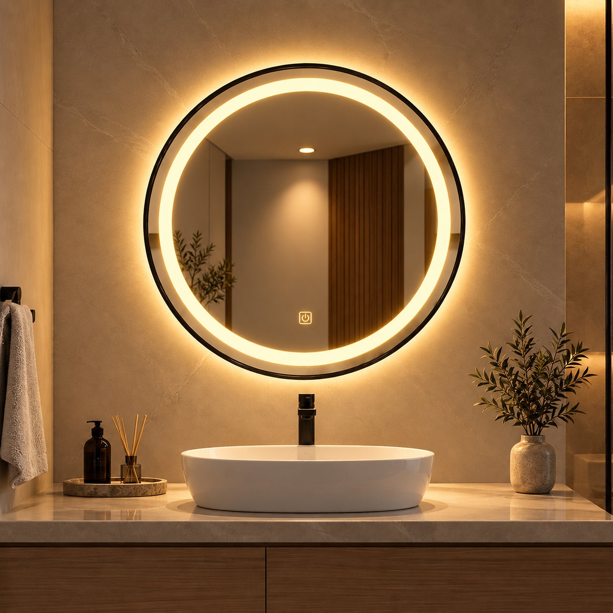 Espejo de baño LED redondo negro 80 cm con marco de aluminio y touch