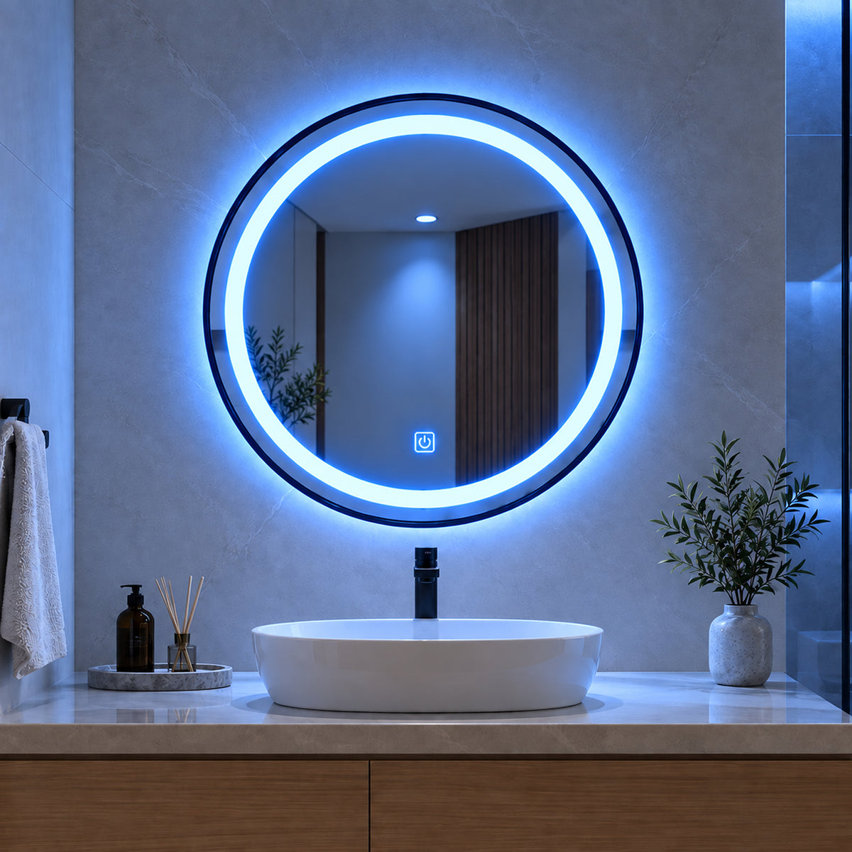 Espejo de baño LED redondo negro 80 cm con marco de aluminio y touch