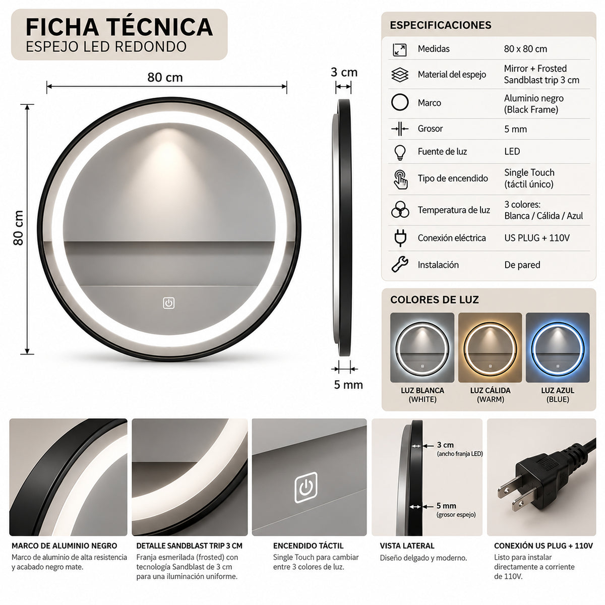Espejo de baño LED redondo negro 80 cm con marco de aluminio y touch