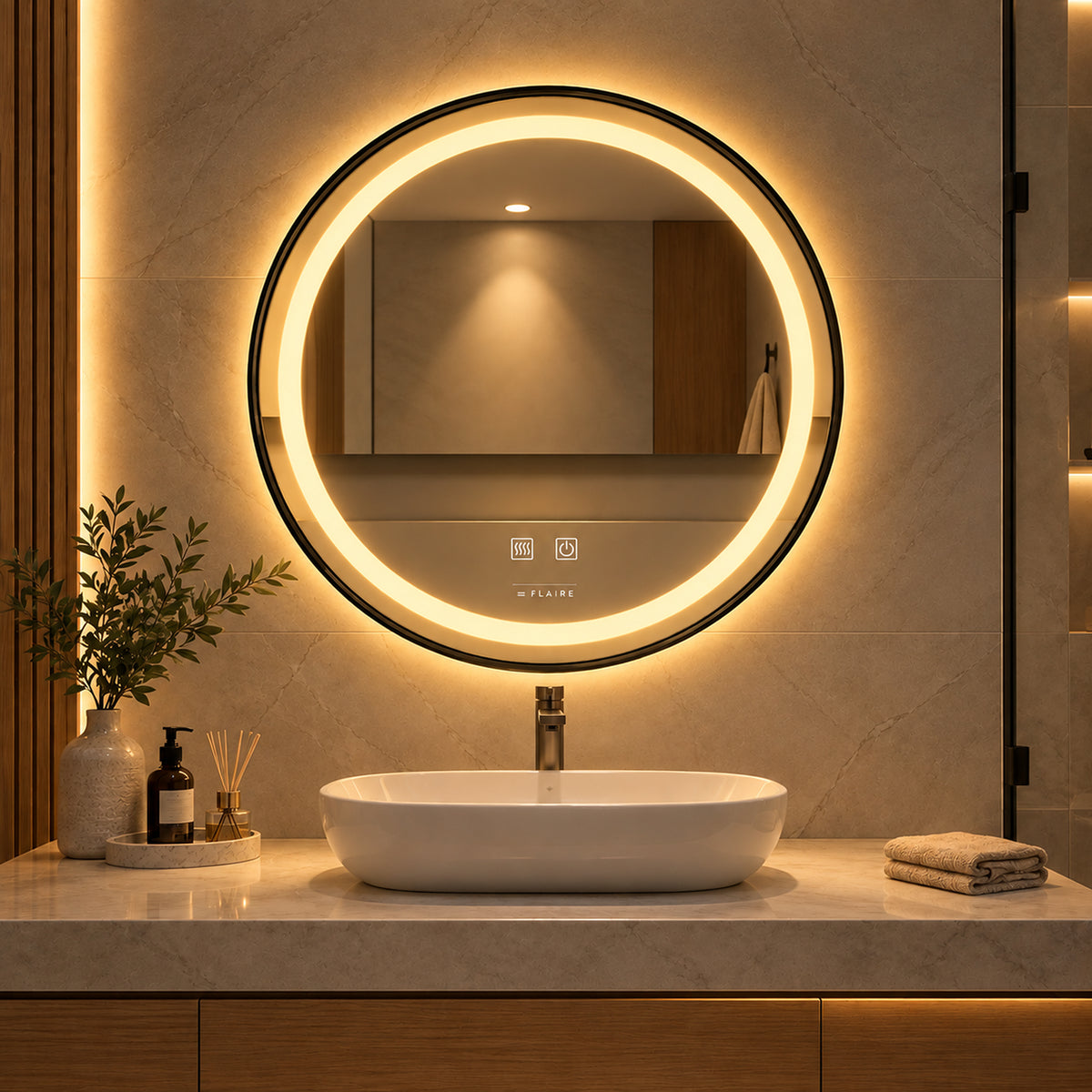 Espejo de baño redondo plateado con luz LED antivaho 70x70 cm