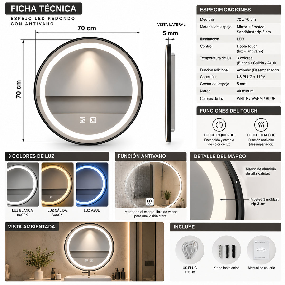Espejo de baño redondo plateado con luz LED antivaho 70x70 cm