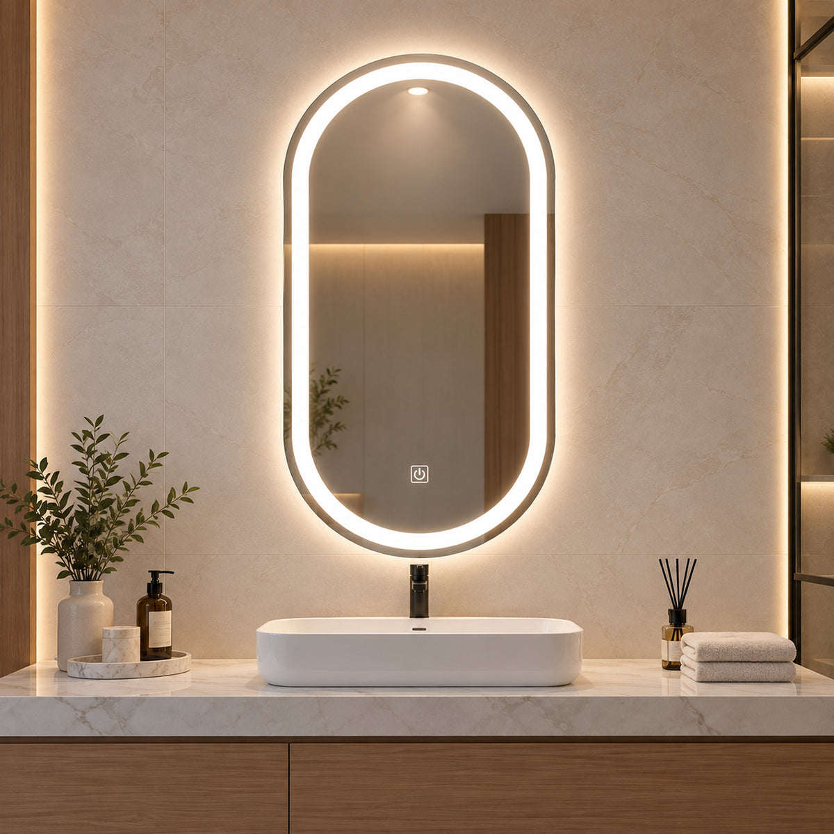 Espejo de baño ovalado plateado LED 80x50 cm con luz multitemperatura touch