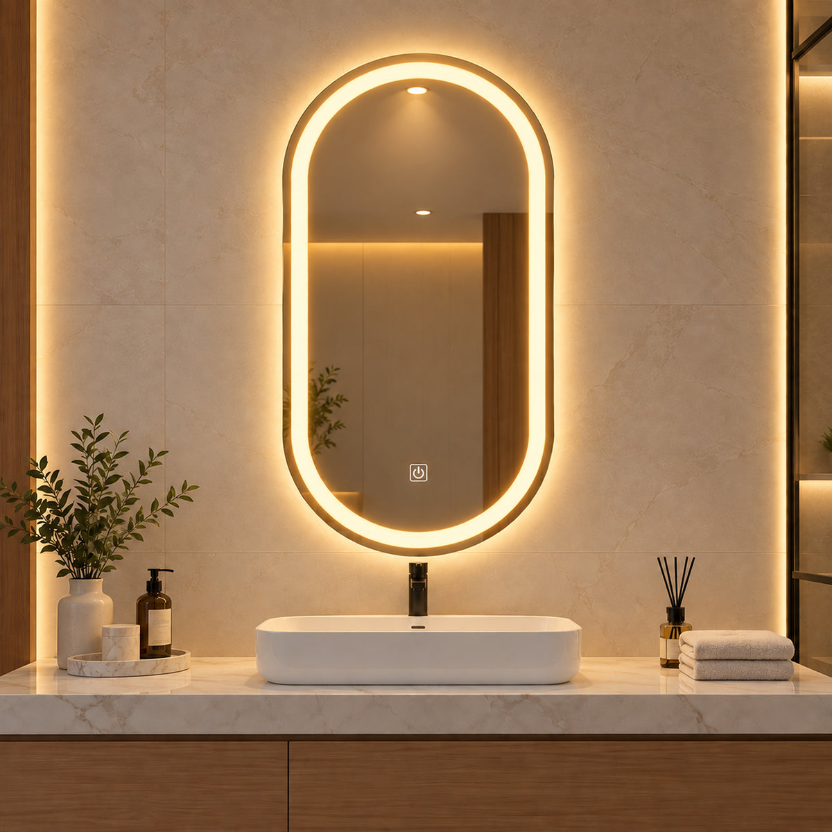 Espejo de baño ovalado plateado LED 80x50 cm con luz multitemperatura touch