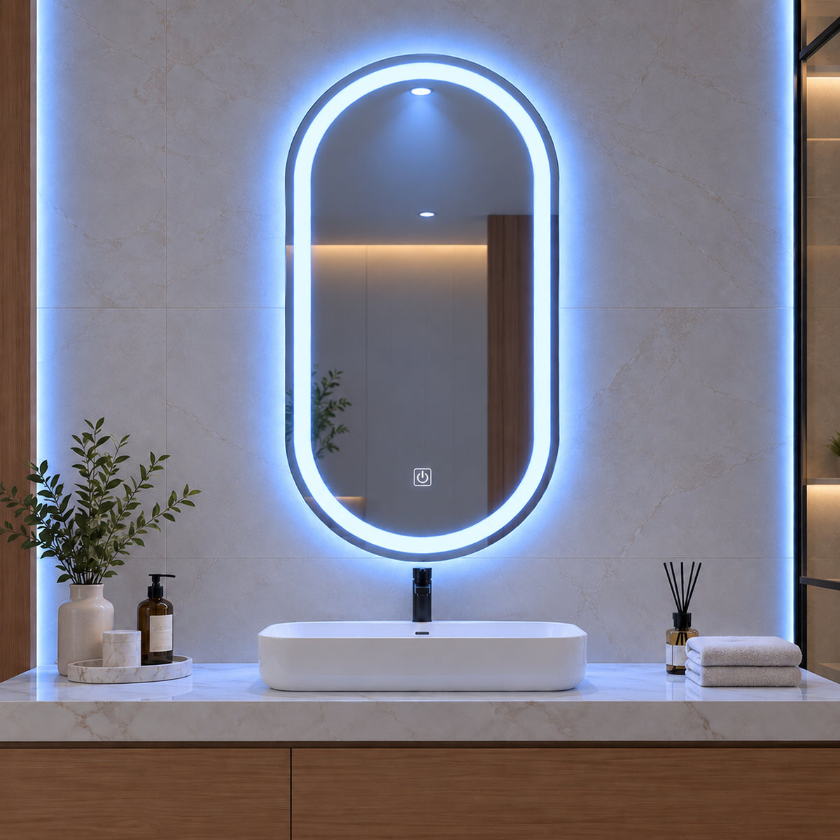 Espejo de baño ovalado plateado LED 80x50 cm con luz multitemperatura touch