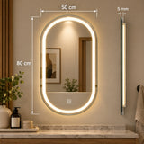 Espejo de baño ovalado plateado LED 80x50 cm con luz multitemperatura touch