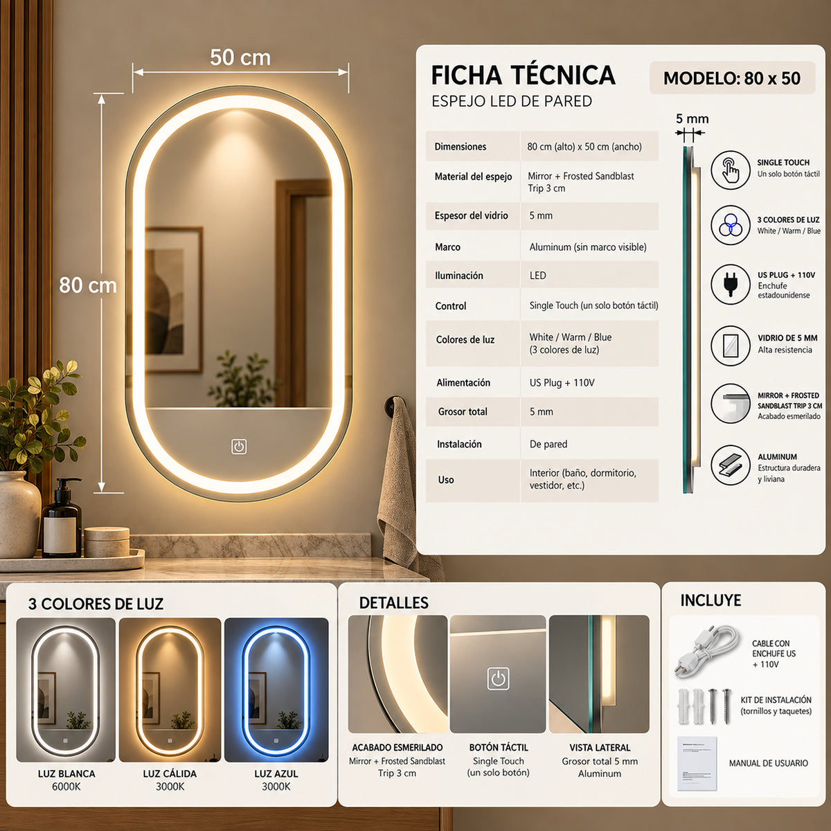 Espejo de baño ovalado plateado LED 80x50 cm con luz multitemperatura touch