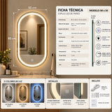 Espejo de baño ovalado plateado LED 80x50 cm con luz multitemperatura touch