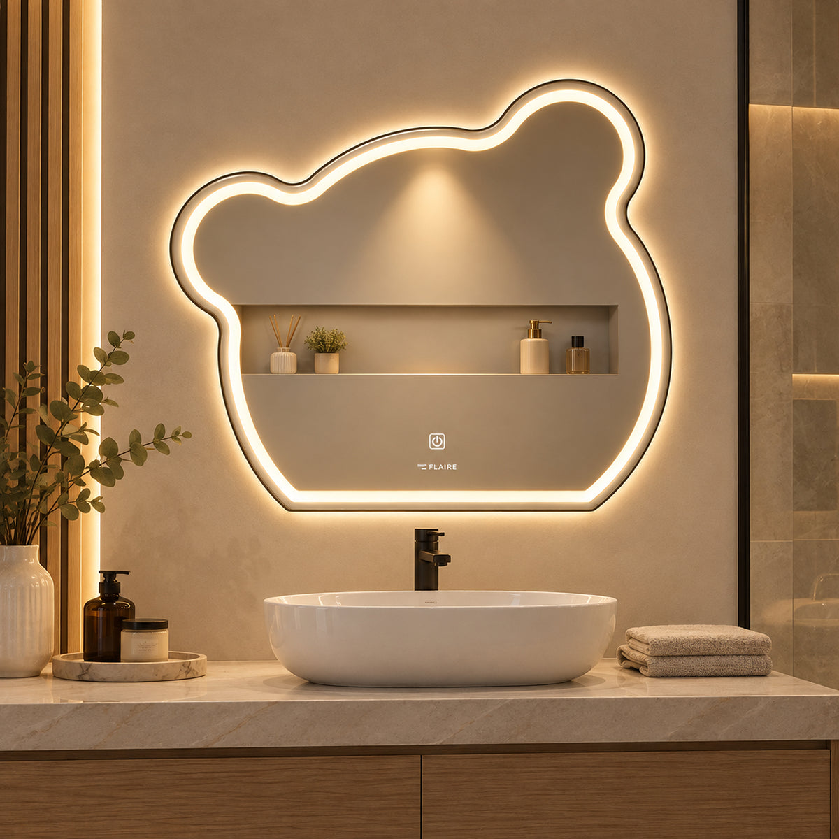 Espejo de baño LED plateado en forma de oso 75x60 cm con luz multitemperatura