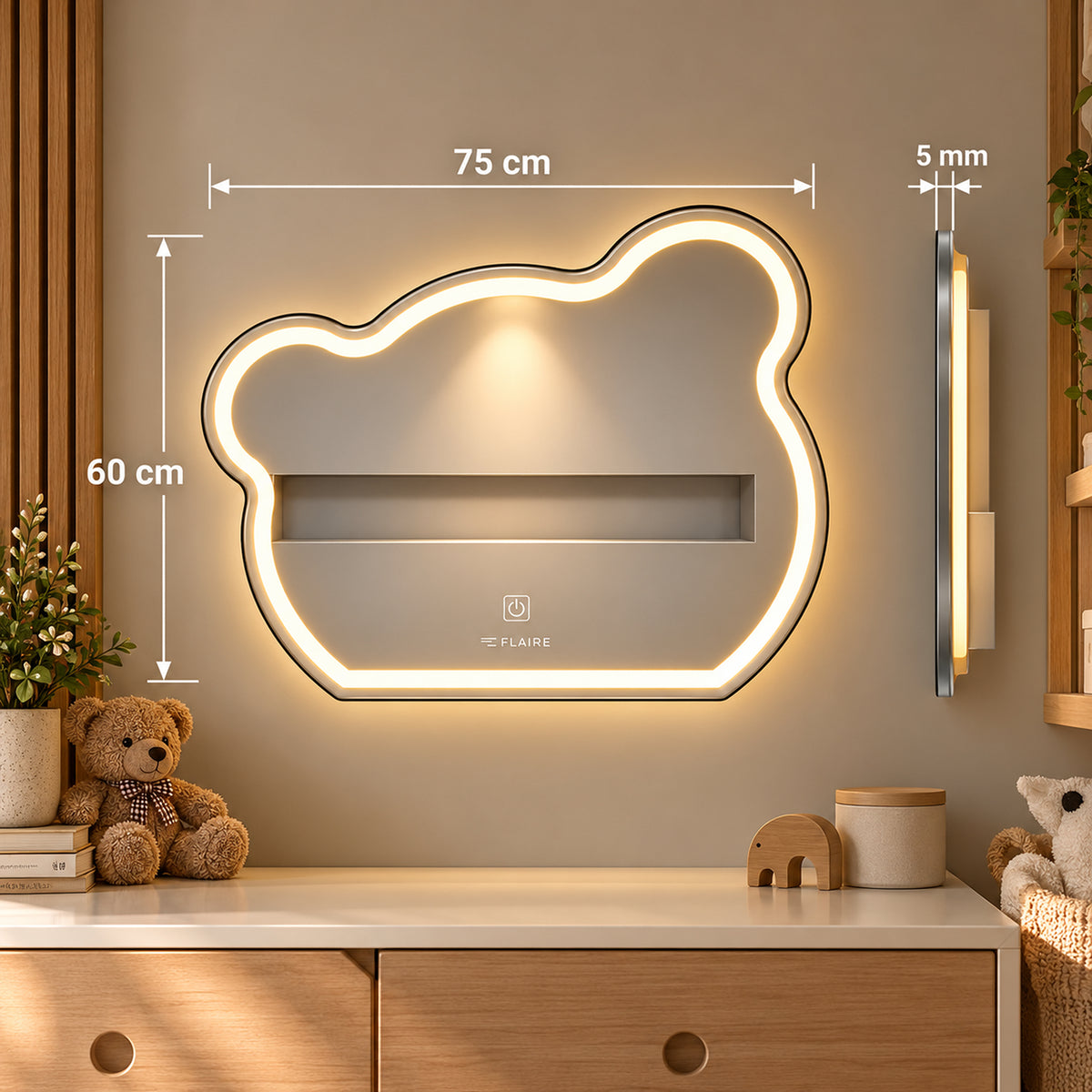 Espejo de baño LED plateado en forma de oso 75x60 cm con luz multitemperatura