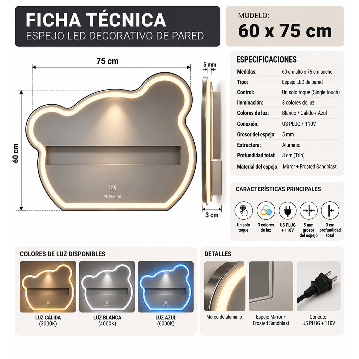 Espejo de baño LED plateado en forma de oso 75x60 cm con luz multitemperatura