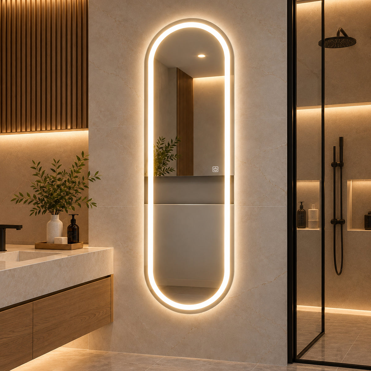 Espejo de baño ovalado plateado LED 160x50 cm con luz multitemperatura