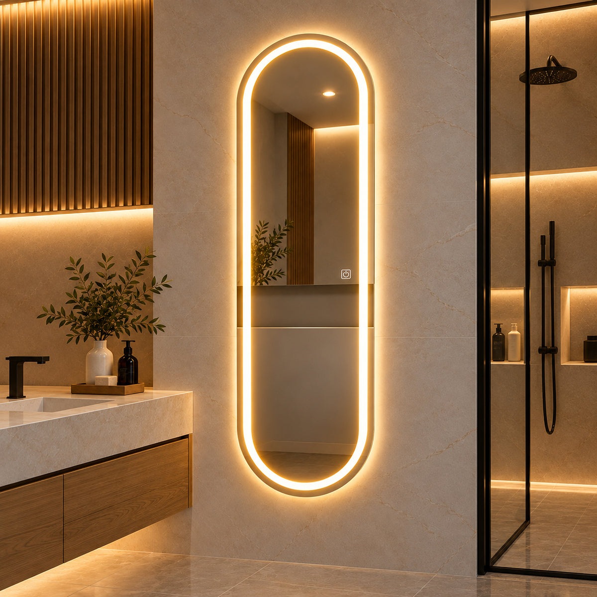 Espejo de baño ovalado plateado LED 160x50 cm con luz multitemperatura