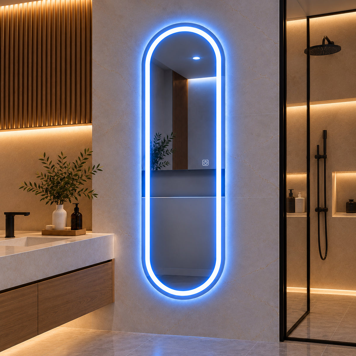 Espejo de baño ovalado plateado LED 160x50 cm con luz multitemperatura