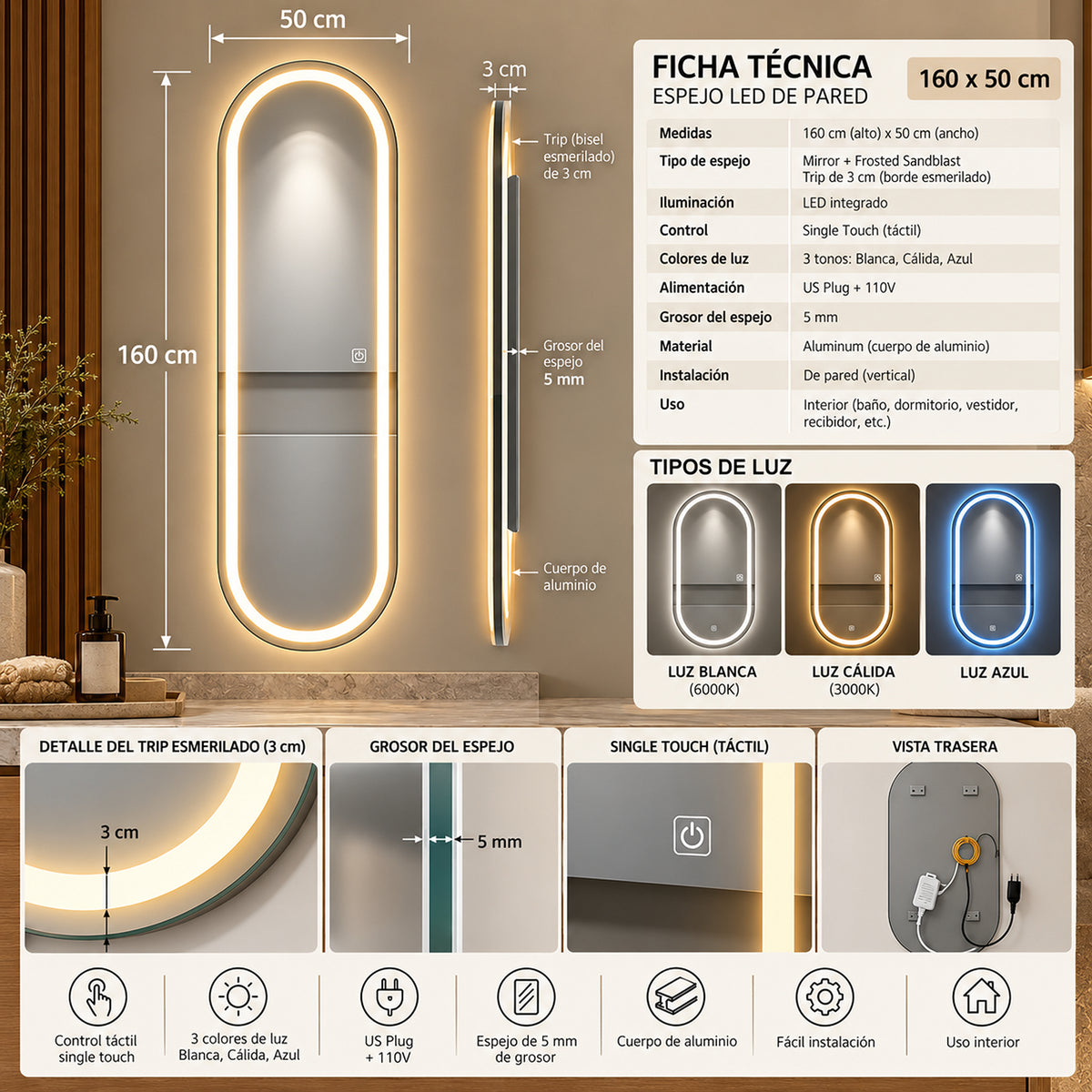 Espejo de baño ovalado plateado LED 160x50 cm con luz multitemperatura