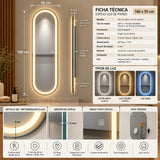Espejo de baño ovalado plateado LED 160x50 cm con luz multitemperatura