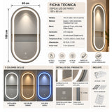 Espejo de baño ovalado plateado LED touch 100x60 cm con 3 luces