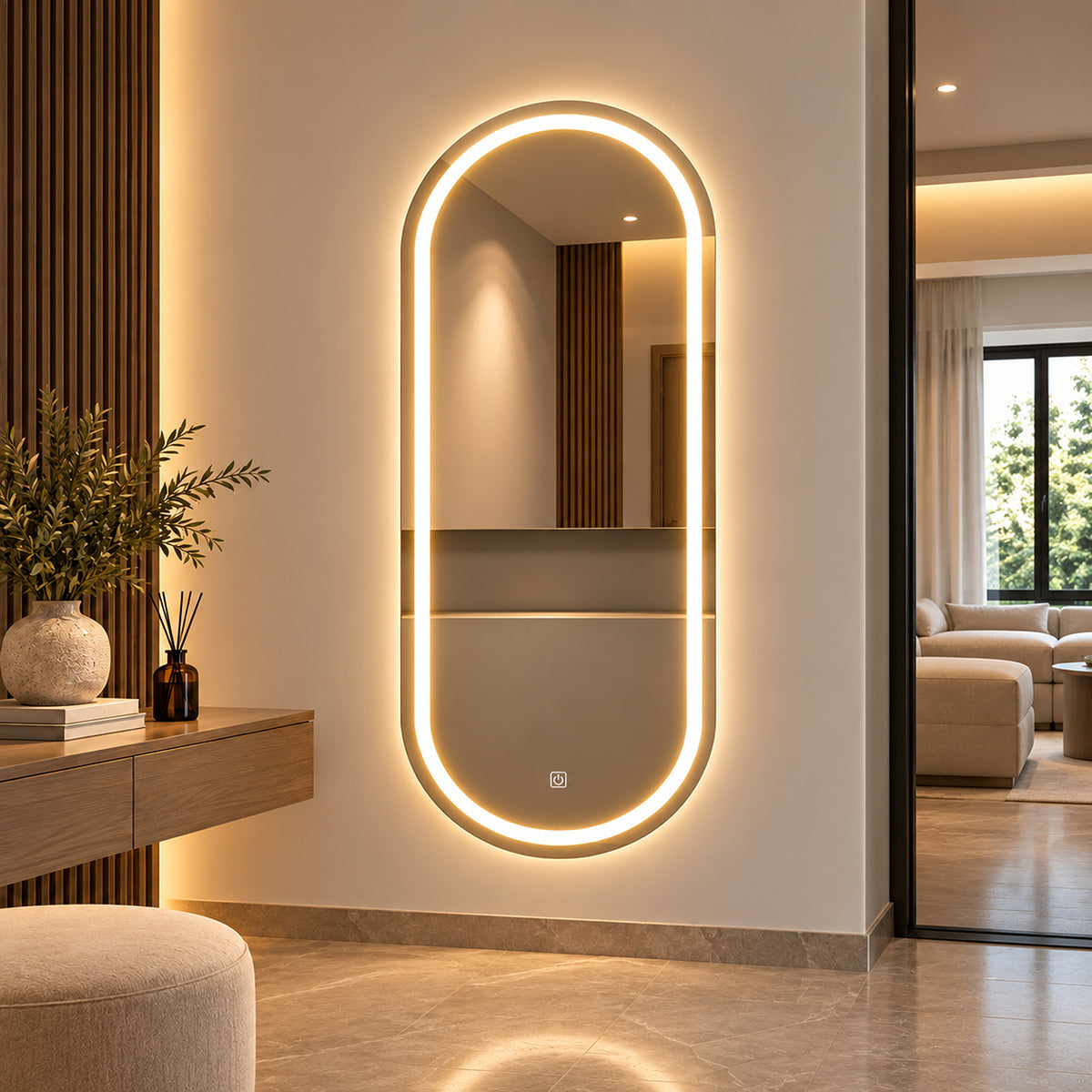 Espejo de baño ovalado plateado con luz LED touch 100x60 cm