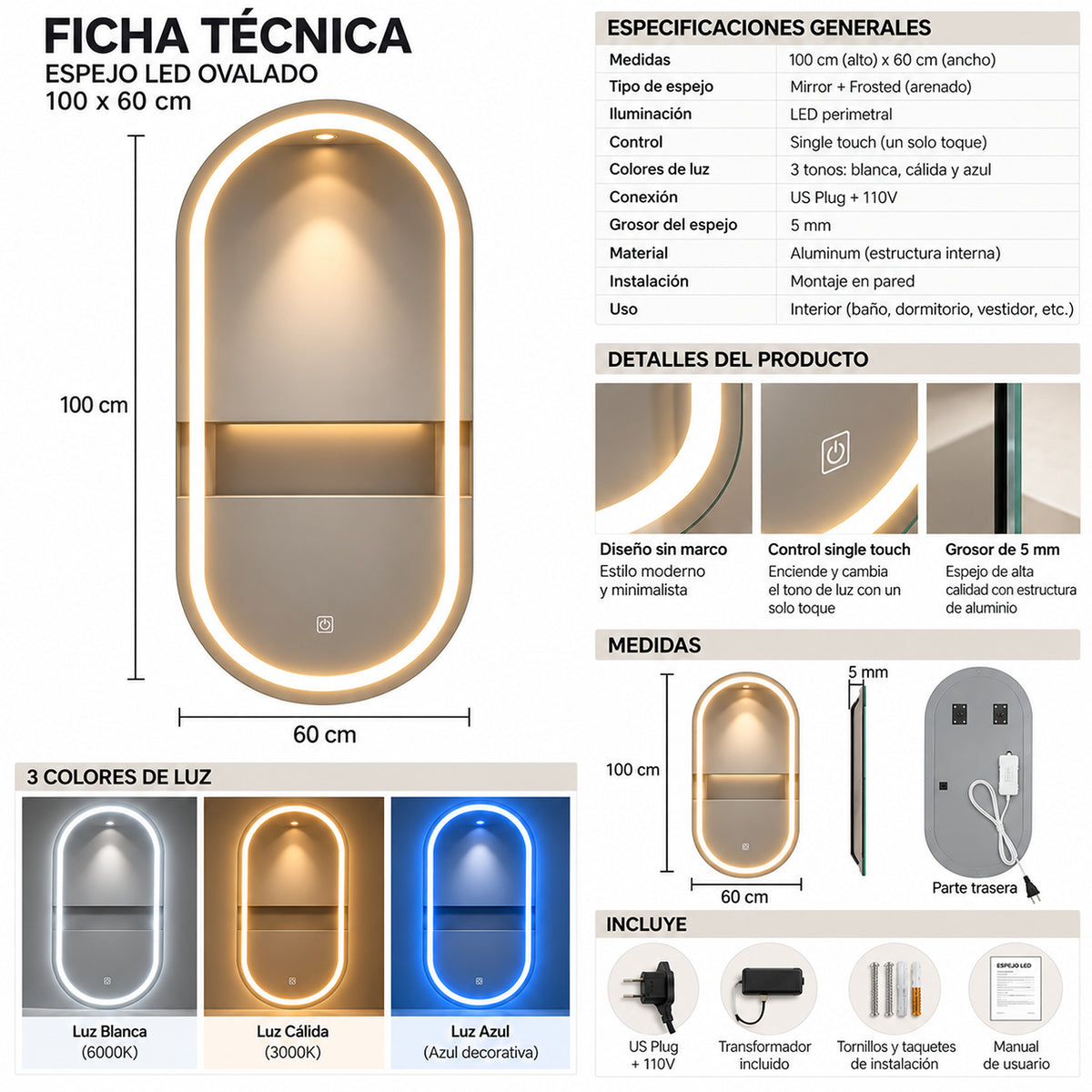 Espejo de baño ovalado plateado con luz LED touch 100x60 cm