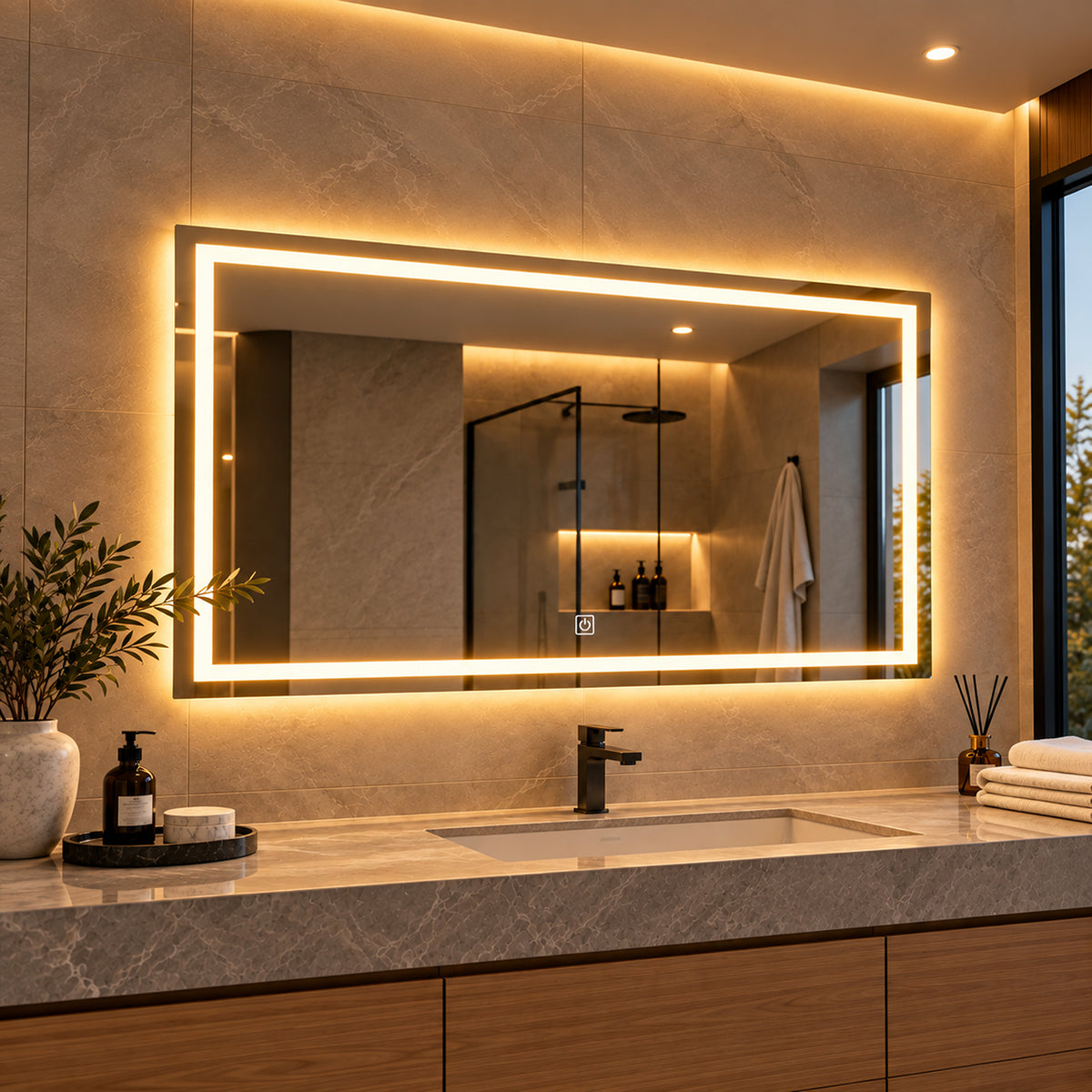 Espejo de baño LED plateado 100x70 cm con touch y luz multitemperatura